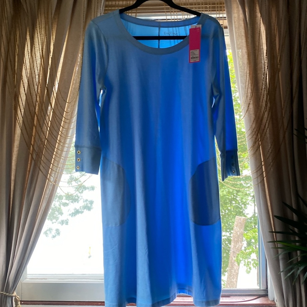 Lilly Pulitzer large powder blue dress with pockets and gold buttons at sleeve